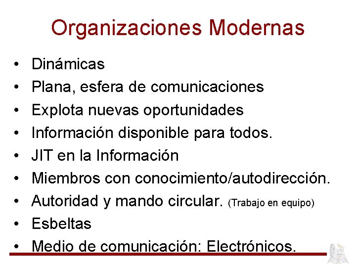 Organizaciones Modernas • • • Dinámicas Plana, esfera de comunicaciones Explota nuevas oportunidades Información