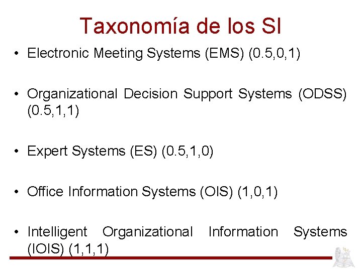 Taxonomía de los SI • Electronic Meeting Systems (EMS) (0. 5, 0, 1) •