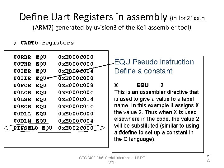 Define Uart Registers in assembly (in lpc 21 xx. h (ARM 7) generated by