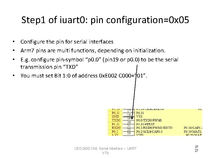 Step 1 of iuart 0: pin configuration=0 x 05 • Configure the pin for