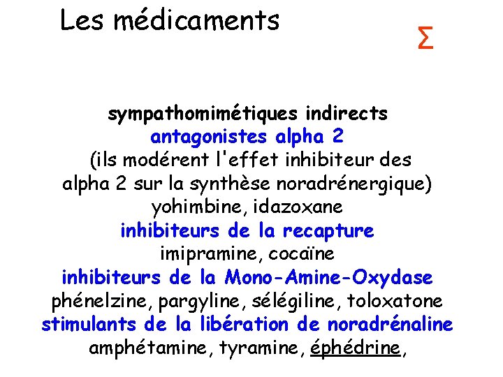 Les médicaments Σ sympathomimétiques indirects antagonistes alpha 2 (ils modérent l'effet inhibiteur des alpha