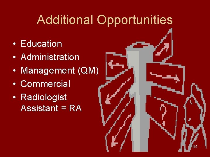 Additional Opportunities • • • Education Administration Management (QM) Commercial Radiologist Assistant = RA