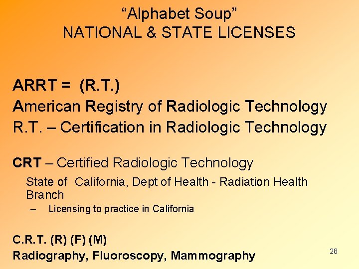 “Alphabet Soup” NATIONAL & STATE LICENSES ARRT = (R. T. ) American Registry of