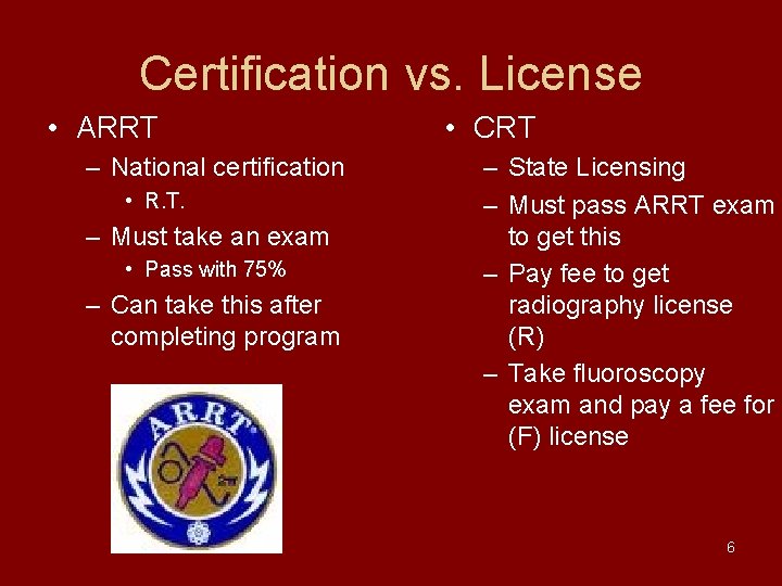 Certification vs. License • ARRT – National certification • R. T. – Must take