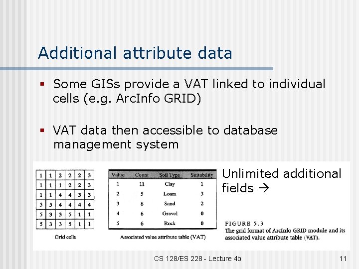 Additional attribute data § Some GISs provide a VAT linked to individual cells (e.