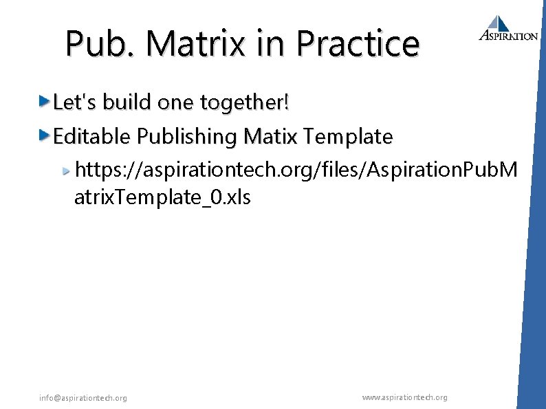 Pub. Matrix in Practice Let's build one together! Editable Publishing Matix Template https: //aspirationtech.