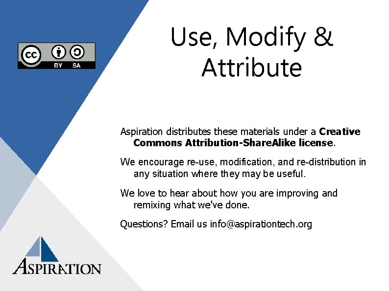 Use, Modify & Attribute Aspiration distributes these materials under a Creative Commons Attribution-Share. Alike