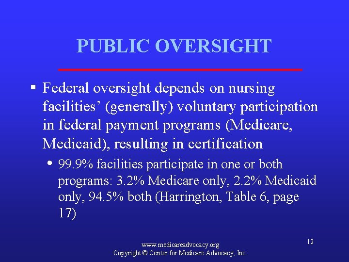 PUBLIC OVERSIGHT § Federal oversight depends on nursing facilities’ (generally) voluntary participation in federal