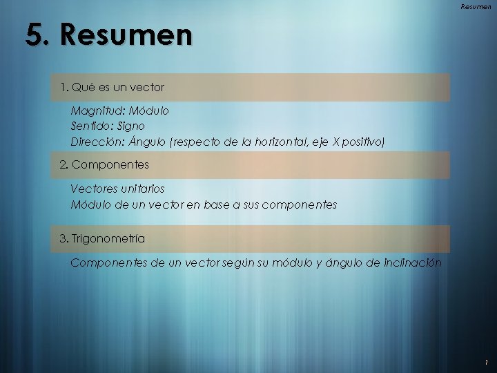 Resumen 5. Resumen 1. Qué es un vector Magnitud: Módulo Sentido: Signo Dirección: Ángulo