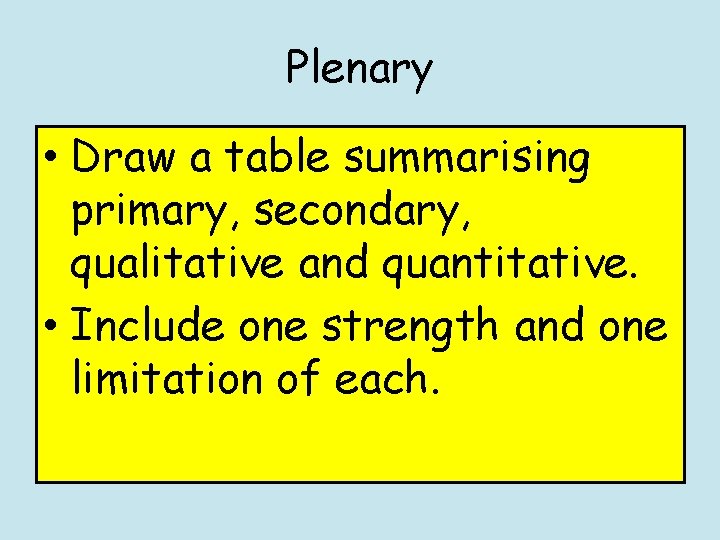 Plenary • Draw a table summarising primary, secondary, qualitative and quantitative. • Include one