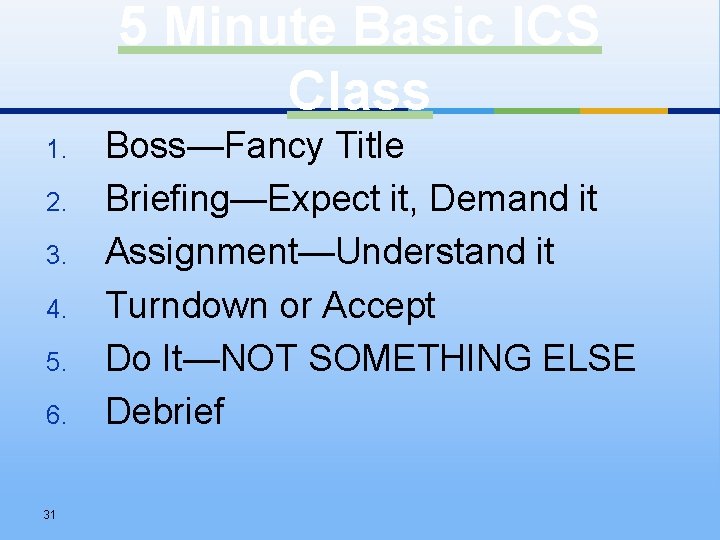 5 Minute Basic ICS Class 1. 2. 3. 4. 5. 6. 31 Boss—Fancy Title