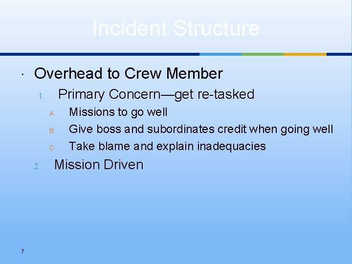 Incident Structure Overhead to Crew Member Primary Concern—get re-tasked 1. A. B. C. 2.