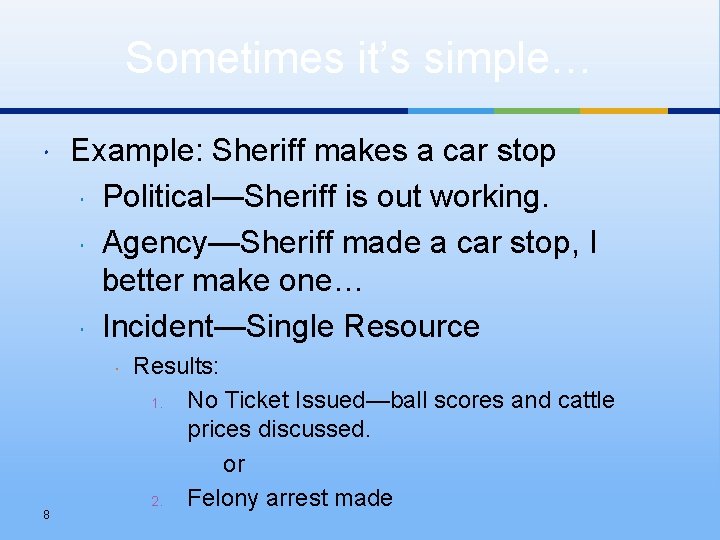 Sometimes it’s simple… Example: Sheriff makes a car stop Political—Sheriff is out working. Agency—Sheriff