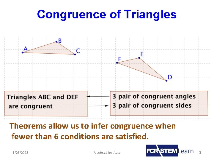 Congruence of Triangles Theorems allow us to infer congruence when fewer than 6 conditions