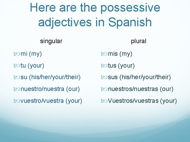 Here are the possessive adjectives in Spanish singular plural mi (my) mis (my) tu