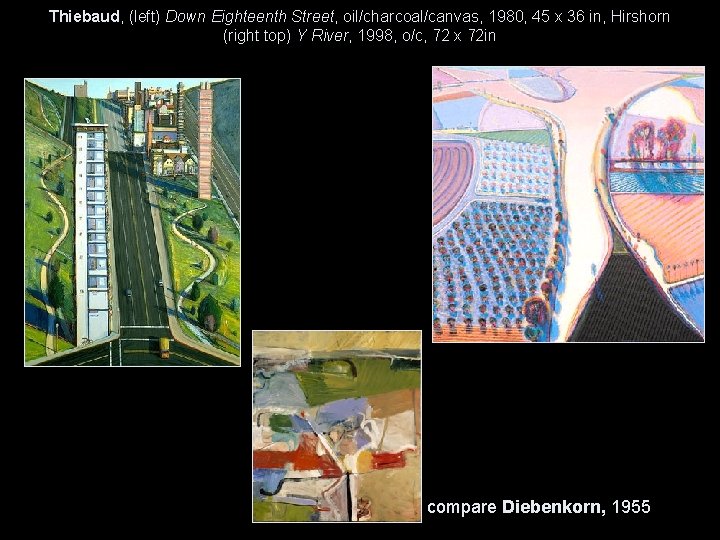 Thiebaud, (left) Down Eighteenth Street, oil/charcoal/canvas, 1980, 45 x 36 in, Hirshorn (right top)