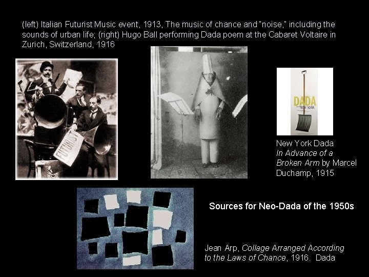 (left) Italian Futurist Music event, 1913, The music of chance and “noise, ” including