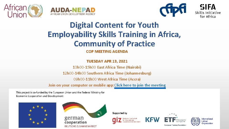 Digital Content for Youth Employability Skills Training in Africa, Community of Practice COP MEETING