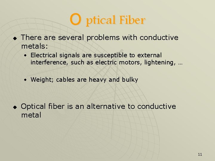 O ptical Fiber u There are several problems with conductive metals: • Electrical signals