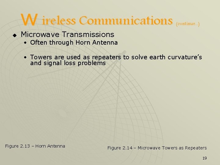 W ireless Communications u (continue. . . ) Microwave Transmissions • Often through Horn