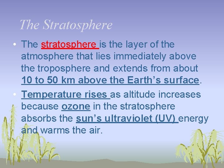 The Stratosphere • The stratosphere is the layer of the atmosphere that lies immediately