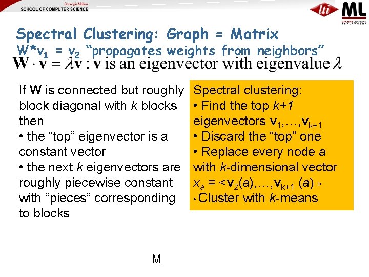 Spectral Clustering: Graph = Matrix W*v 1 = v 2 “propagates weights from neighbors”