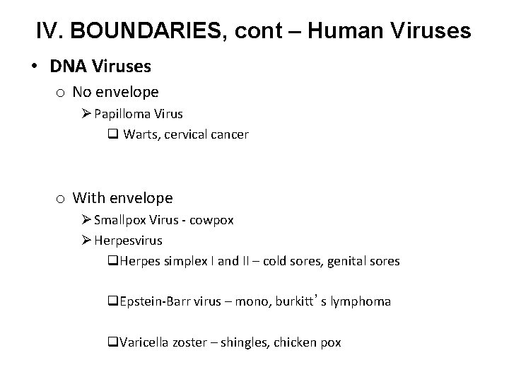 IV. BOUNDARIES, cont – Human Viruses • DNA Viruses o No envelope Ø Papilloma
