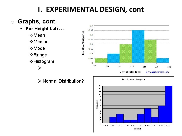 I. EXPERIMENTAL DESIGN, cont o Graphs, cont § For Height Lab … v Mean