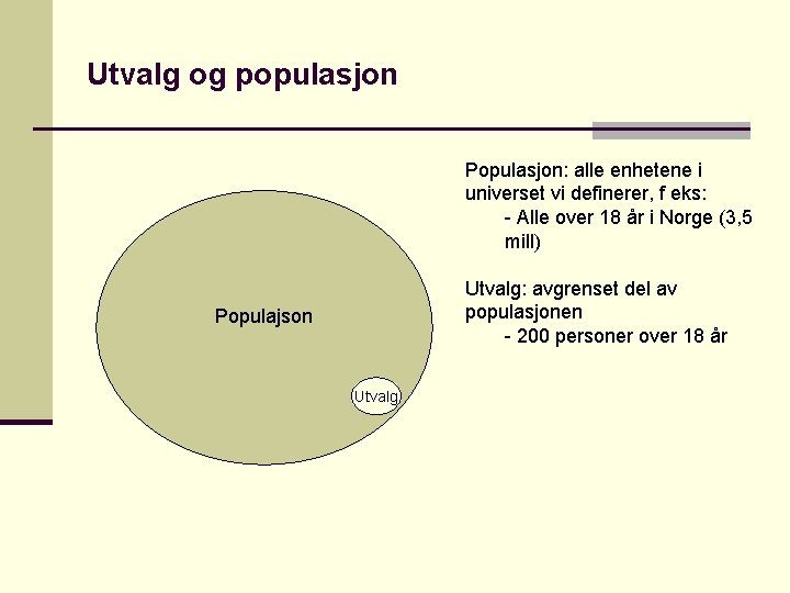 Utvalg og populasjon Populasjon: alle enhetene i universet vi definerer, f eks: - Alle