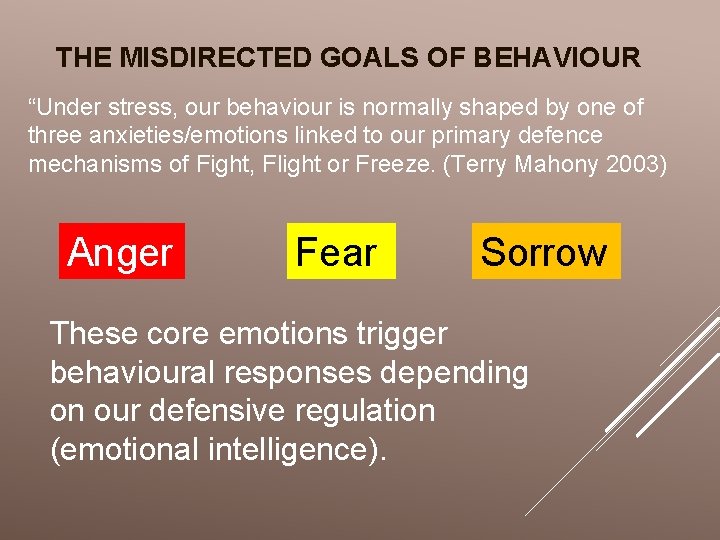 THE MISDIRECTED GOALS OF BEHAVIOUR “Under stress, our behaviour is normally shaped by one