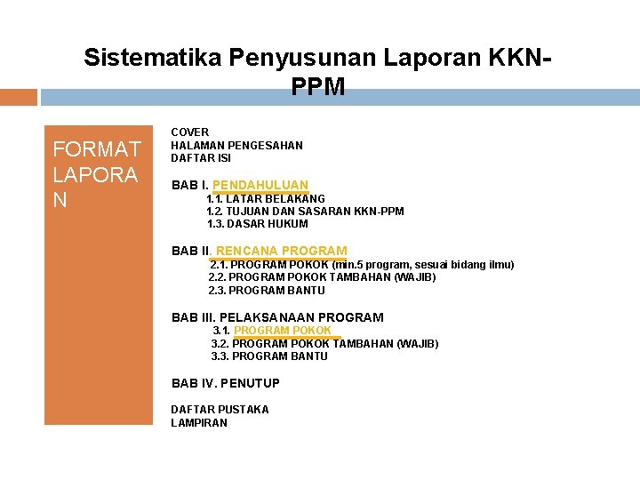 Sistematika Penyusunan Laporan KKNPPM FORMAT LAPORA N COVER HALAMAN PENGESAHAN DAFTAR ISI BAB I.