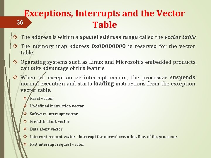 Exceptions, Interrupts and the Vector 36 Table The address is within a special address