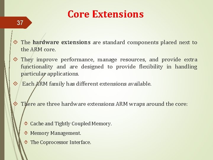 37 Core Extensions The hardware extensions are standard components placed next to the ARM