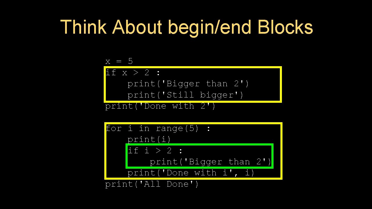 Think About begin/end Blocks x = 5 if x > 2 : print('Bigger than