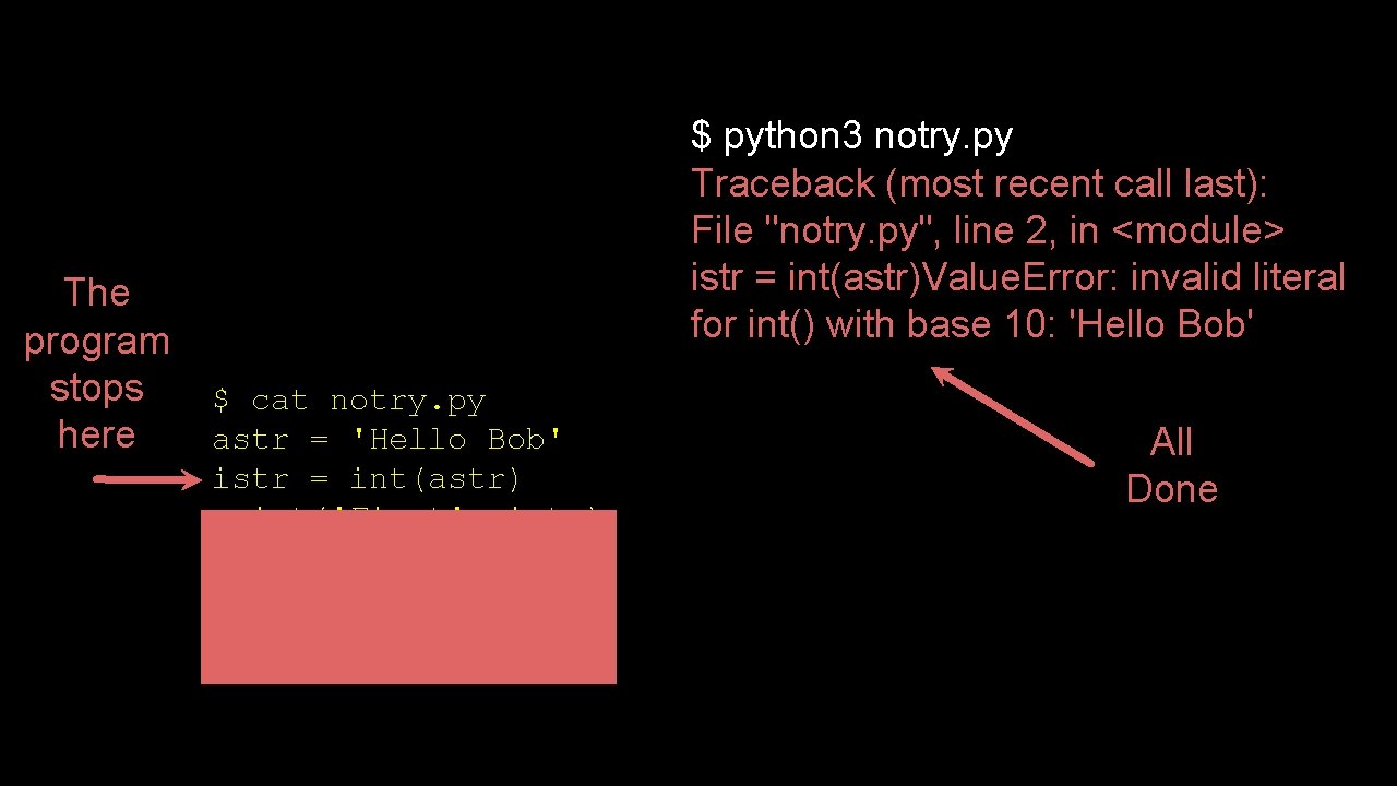 The program stops here $ python 3 notry. py Traceback (most recent call last):