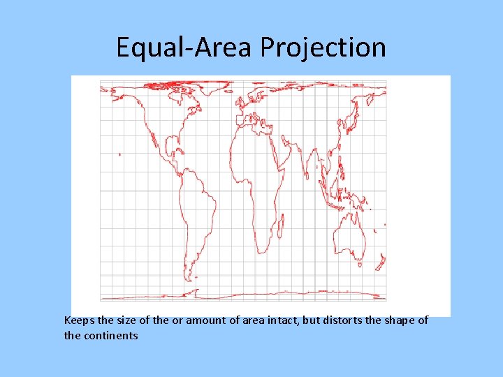 Equal-Area Projection Keeps the size of the or amount of area intact, but distorts