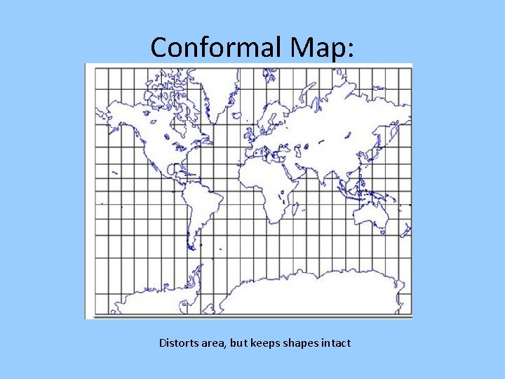 Conformal Map: Distorts area, but keeps shapes intact 