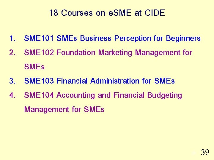 18 Courses on e. SME at CIDE 1. SME 101 SMEs Business Perception for