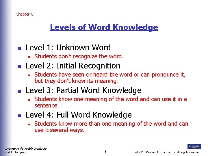 Chapter 6 Levels of Word Knowledge n Level 1: Unknown Word n n Level
