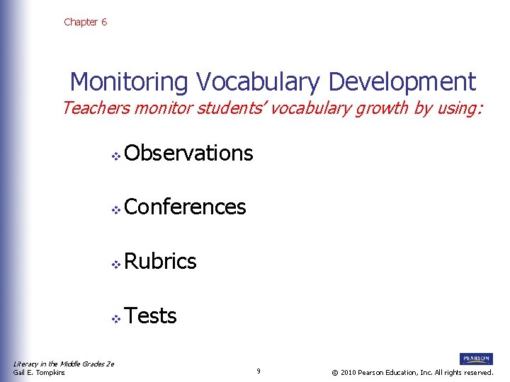 Chapter 6 Monitoring Vocabulary Development Teachers monitor students’ vocabulary growth by using: v Observations