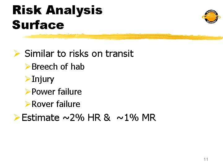 Risk Analysis Surface Ø Similar to risks on transit ØBreech of hab ØInjury ØPower