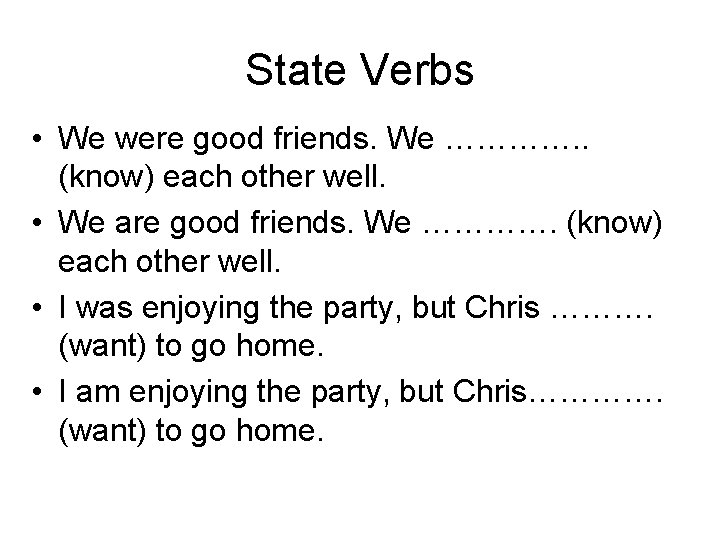 State Verbs • We were good friends. We …………. . (know) each other well.