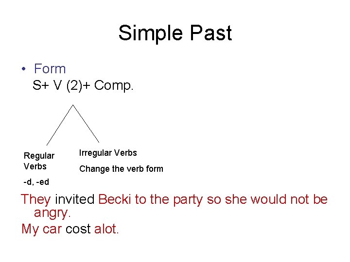 Simple Past • Form S+ V (2)+ Comp. Regular Verbs Irregular Verbs Change the Simple Past • Form S+ V (2)+ Comp. Regular Verbs Irregular Verbs Change the