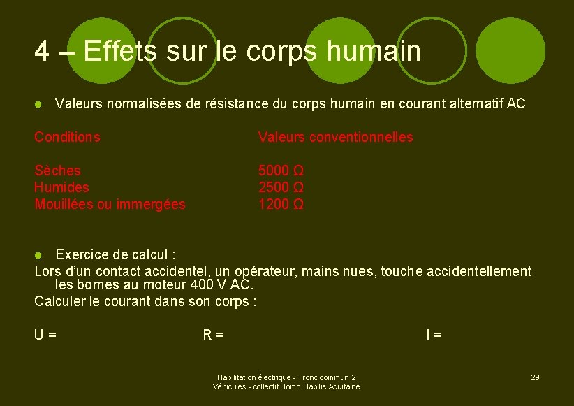 4 – Effets sur le corps humain l Valeurs normalisées de résistance du corps