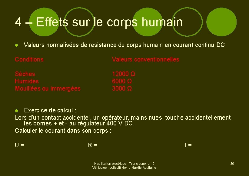 4 – Effets sur le corps humain l Valeurs normalisées de résistance du corps