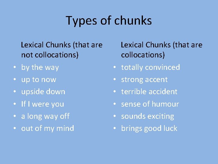 Types of chunks • • • Lexical Chunks (that are not collocations) by the