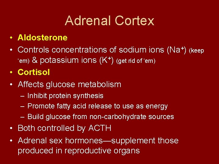 Adrenal Cortex • Aldosterone • Controls concentrations of sodium ions (Na+) (keep ‘em) &