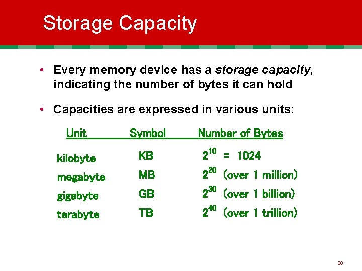 Storage Capacity • Every memory device has a storage capacity, indicating the number of