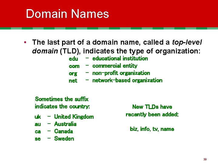 Domain Names • The last part of a domain name, called a top-level domain