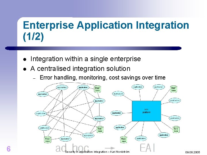 Enterprise Application Integration (1/2) l l Integration within a single enterprise A centralised integration